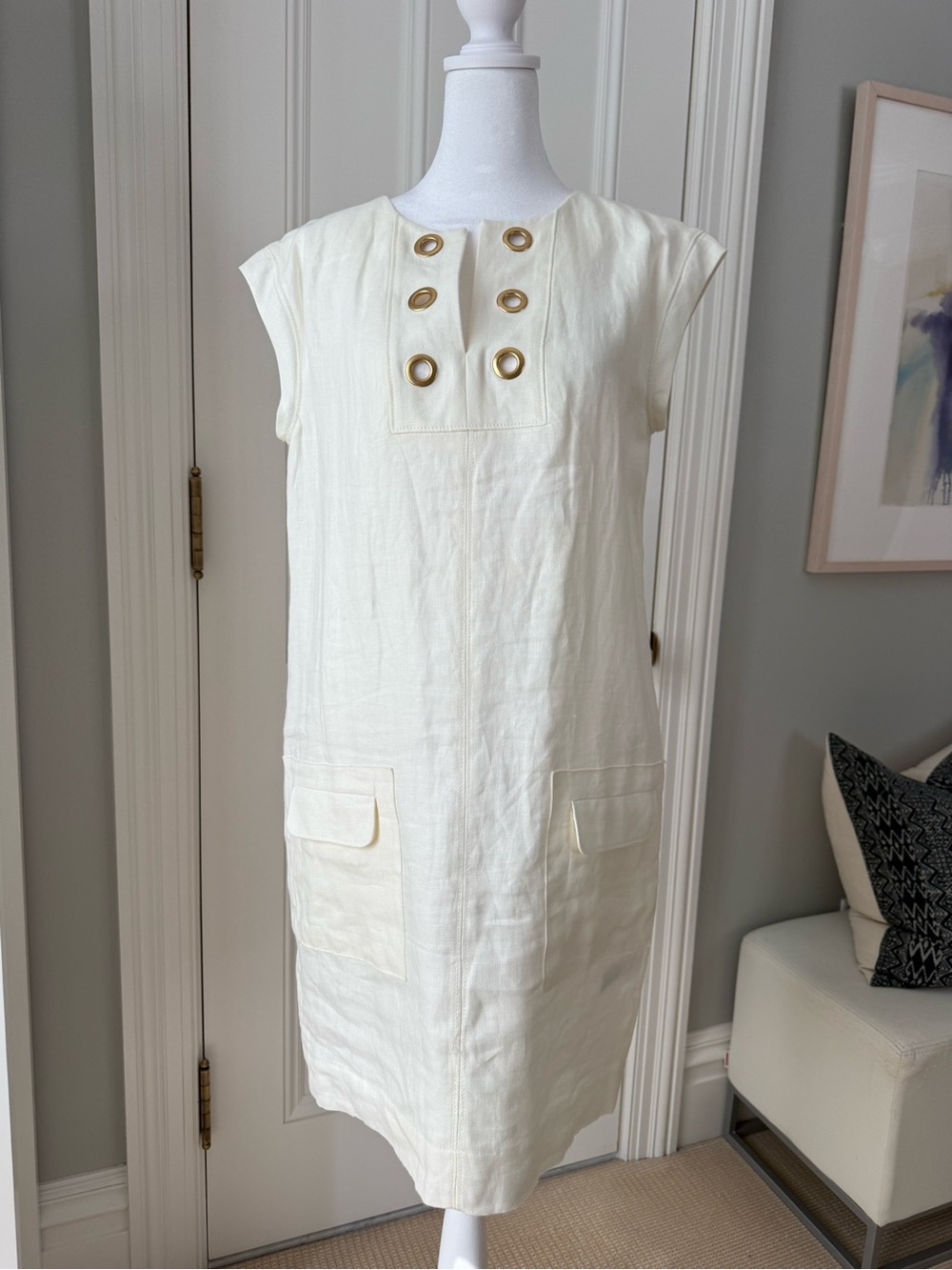J. Crew Cream Shift Dress with Gold-Tone Eyelets